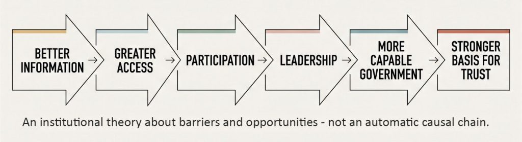 A chain of six linked stages: better information, greater access, participation, leadership, more capable government, and a stronger basis for trust.